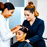 A diverse team of professional beauty salon staff, including a hairstylist, a nail technician, and an assistant, working in a modern, brightly lit salon environment. The hairstylist is gently styling a client's hair, while the nail technician is meticulously working on a client's nails, and the assistant is smoothly preparing tools. All staff members are wearing clean, modest salon uniforms or professional attire, demonstrating seamless workflow and positive interaction. The background is a sophisticated, well-organized salon interior with comfortable seating. The atmosphere is calm and professional, reflecting excellent teamwork. fully clothed, modest clothing, appropriate attire, professional dress, safe for work, appropriate content, professional, perfect anatomy, correct proportions, natural pose, well-formed hands, proper finger count, natural body proportions, high-quality photography, sharp focus, vibrant colors.