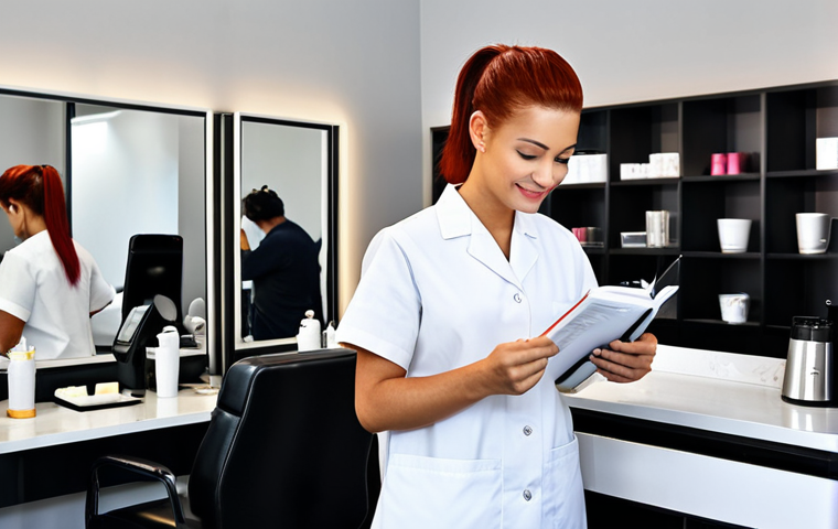 Salon Morning Prep**

"A brightly lit, clean hair salon early in the morning. A hairstylist, fully clothed in professional attire, is checking the appointment book and preparing the salon. Coffee machine is on, soft music playing in the background. Focus on the organized workspace, clean styling stations, and welcoming atmosphere. safe for work, appropriate content, modest, professional photography, high quality, perfect anatomy, natural proportions, well-formed hands, proper finger count."

**