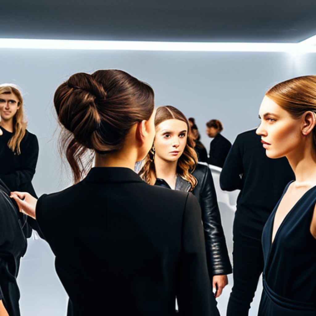 Backstage Coordination**

Prompt: "A bustling backstage scene at a fashion show, hair stylists and makeup artists working on models, artistic directors giving instructions, team coordination, fully clothed, appropriate attire, perfect anatomy, natural pose, high quality, safe for work, professional, modest lighting."

**