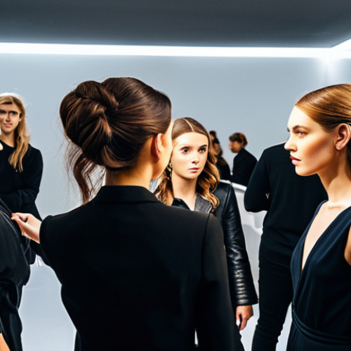 Backstage Coordination**

Prompt: "A bustling backstage scene at a fashion show, hair stylists and makeup artists working on models, artistic directors giving instructions, team coordination, fully clothed, appropriate attire, perfect anatomy, natural pose, high quality, safe for work, professional, modest lighting."

**