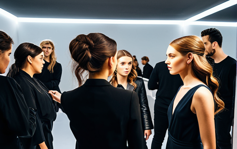 Backstage Coordination**

Prompt: "A bustling backstage scene at a fashion show, hair stylists and makeup artists working on models, artistic directors giving instructions, team coordination, fully clothed, appropriate attire, perfect anatomy, natural pose, high quality, safe for work, professional, modest lighting."

**