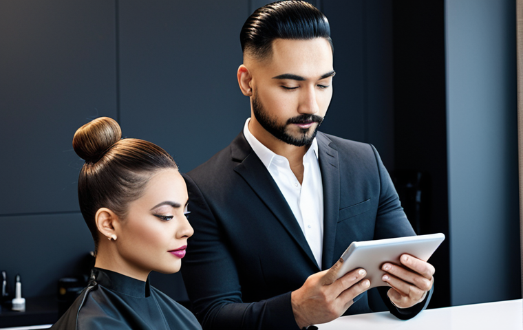 헤어디자이너 외국 고객 응대 팁 - Visual Communication Success**

"Hair stylist showing a client a portfolio of diverse haircuts and s...