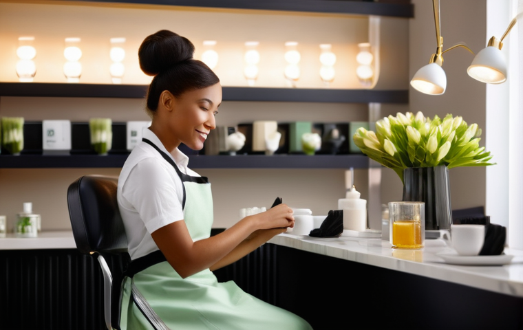 헤어디자이너 필독 서적 추천 - **Prompt:** A cheerful female client, mid-20s, with a radiant smile, admiring her newly transformed,...