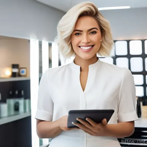 헤어디자이너 연봉 협상 전략 - **Prompt:** A confident Brazilian female hairstylist, in her mid-30s, stands proudly in a modern, br...