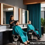 Home 22 헤어디자이너 경력 관리 노하우 - A modern hair salon scene featuring a professional hairstylist attentively listening to a client’s p...