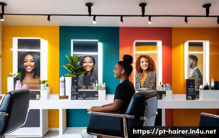 헤어디자이너 블로그 운영 팁 - A cozy and modern hair salon interior in a Brazilian neighborhood, featuring a stylish hairstylist w...