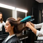 Home 19 헤어디자이너 드라이 테크닉 - A professional hairstylist gently drying a woman’s fine, straight hair using a high-quality ionic ha...