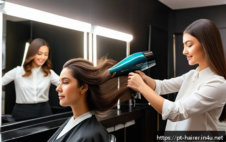 헤어디자이너 드라이 테크닉 - A professional hairstylist gently drying a woman&rsquo;s fine, straight hair using a high-quality ionic ha...