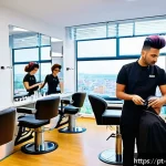 Home 23 헤어디자이너 해외 연수 프로그램 - A modern international hairdressing classroom with diverse students practicing advanced haircutting ...