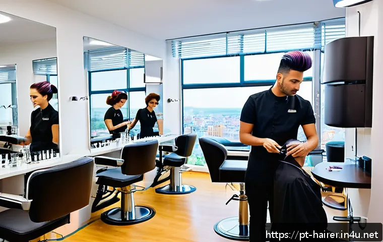 헤어디자이너 해외 연수 프로그램 - A modern international hairdressing classroom with diverse students practicing advanced haircutting ...